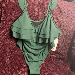 DARK GREEN RUFFLE ONE-PIECE SWIMSUIT